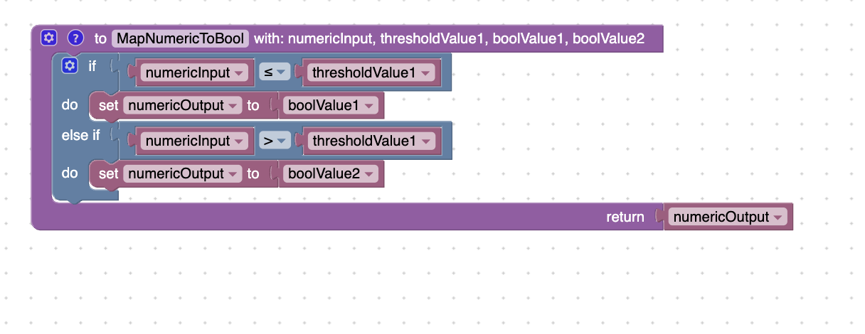 MapNumericToBool 
with: numericlnput, thresholdValue1, boolValue1 , boolValue2 
numericlnput • 
do Set 
numericOutput 
elseif 
numericlnput 
do set 
numericOutput 
thresholdValue1 - 
boolValue1 
threshoIdValue1 • 
boolValue2 
numericO 