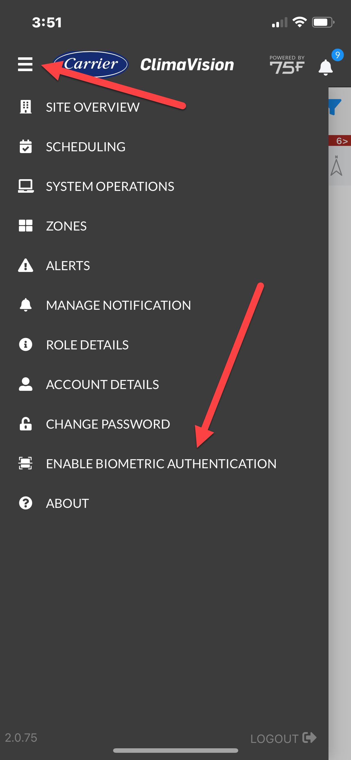 Hamburger menu and enable biometrics.PNG
